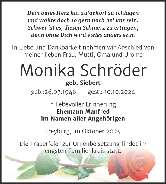 Traueranzeige von Monika Schröder von Super Sonntag Naumburg/Nebra