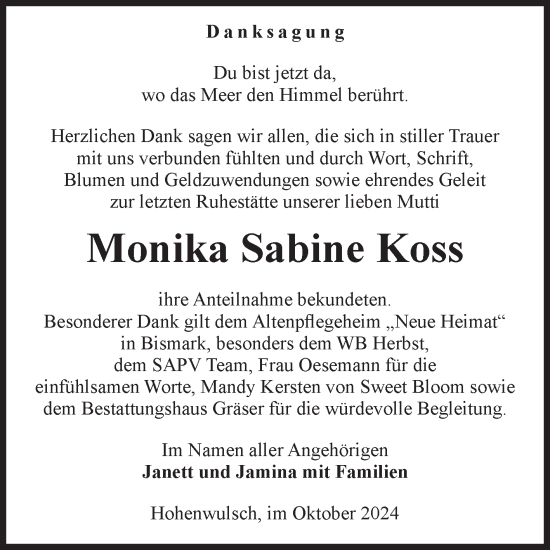 Traueranzeige von Monika Sabine Koss von Volksstimme Altmark Ost