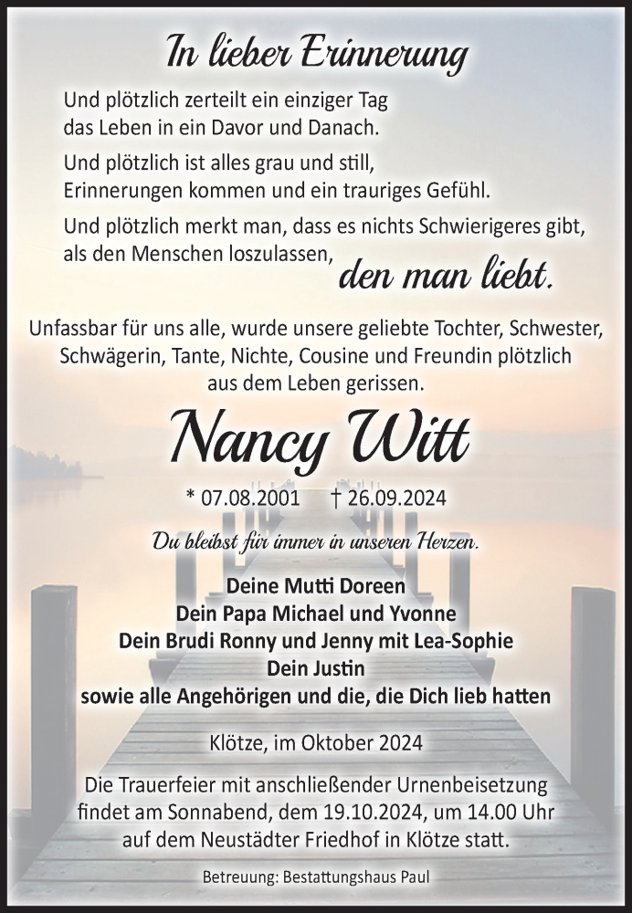  Traueranzeige für Nancy Witt vom 05.10.2024 aus Volksstimme Altmark West