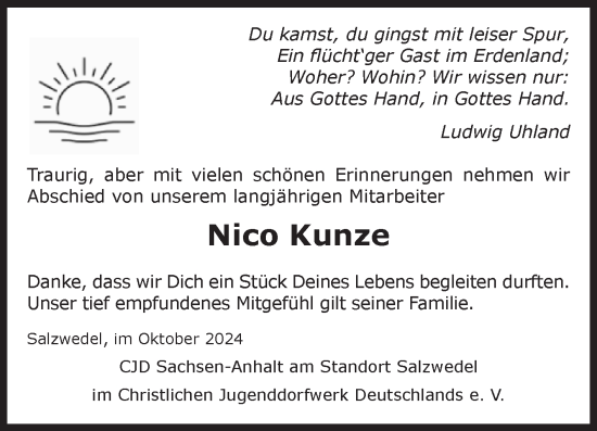 Traueranzeige von Nico Kunze von Volksstimme Altmark West