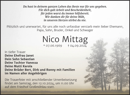 Traueranzeige von Nico Mittag von Trauerkombi Wittenberg