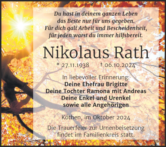 Traueranzeige von Nikolaus Rath von Trauerkombi Köthen
