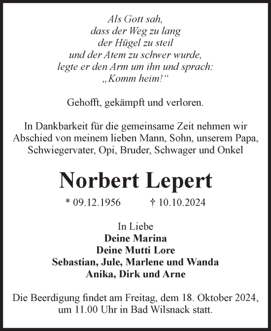 Traueranzeige von Norbert Lepert von Volksstimme Altmark Ost