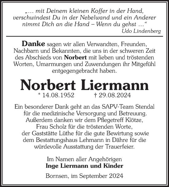 Traueranzeige von Norbert Liermann von Volksstimme Altmark West