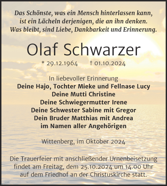 Traueranzeige von Olaf Schwarzer von Trauerkombi Wittenberg