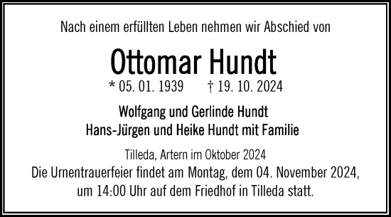 Traueranzeige von Ottomar Hundt von Trauerkombi Sangerhausen