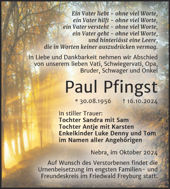 Traueranzeige von Paul Pfingst von Naumburger Tageblatt