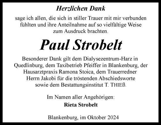 Traueranzeige von Paul Strobelt von Volksstimme Wernigerode