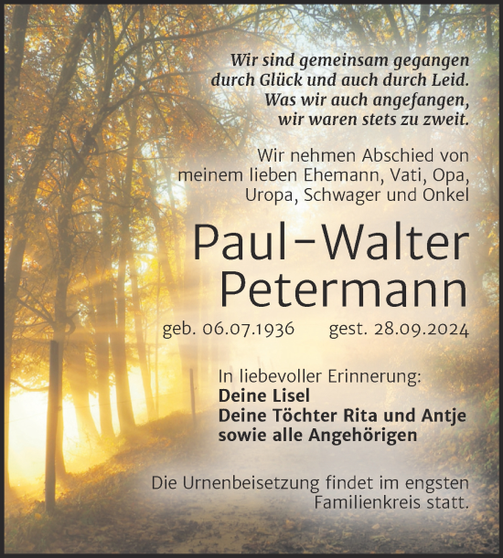 Traueranzeige von Paul-Walter Petermann von Trauerkombi Mansfelder Land