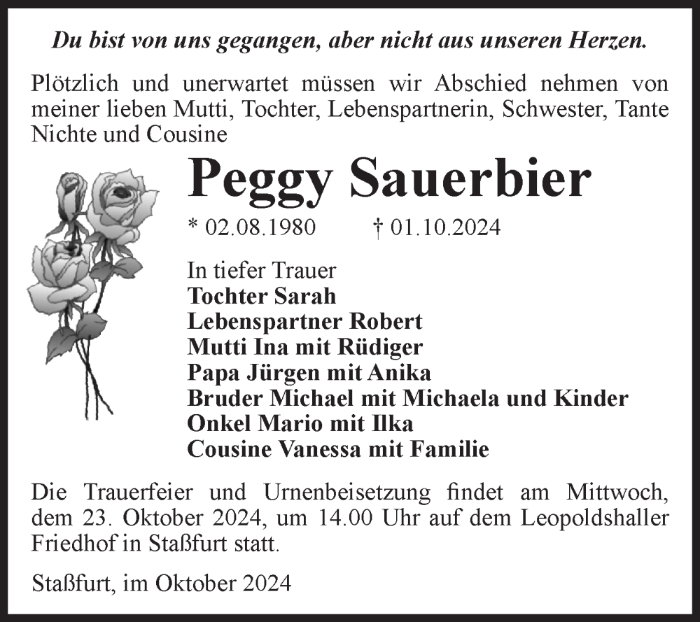  Traueranzeige für Peggy Sauerbier vom 12.10.2024 aus Volksstimme Staßfurt