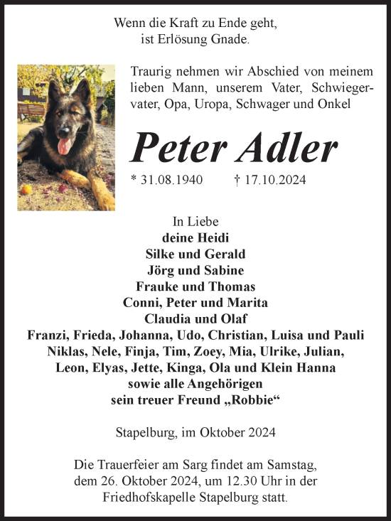Traueranzeige von Peter Adler von Volksstimme Wernigerode