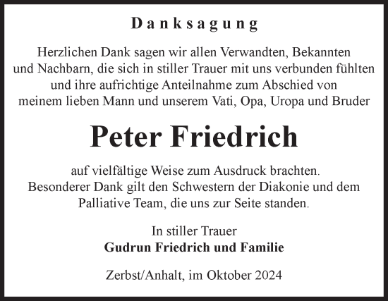 Traueranzeige von Peter Friedrich von Volksstimme Zerbst