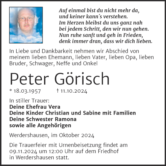Traueranzeige von Peter Görisch von Trauerkombi Köthen