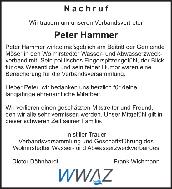 Traueranzeige von Peter Hammer von Volksstimme Burg/Genthin
