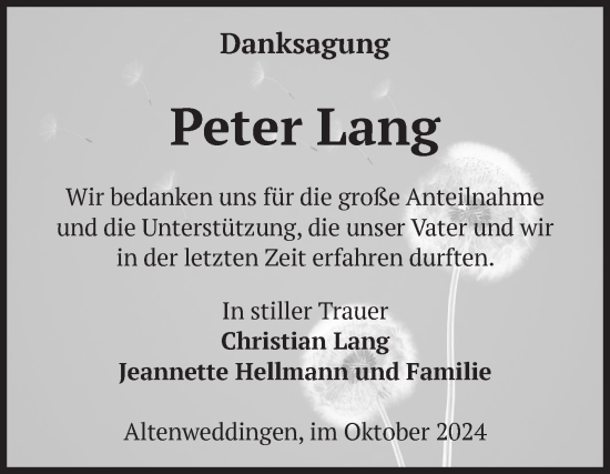 Traueranzeige von Peter Lang von Volksstimme Oschersleben/Wanzleben