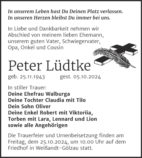 Traueranzeige von Peter Lüdtke von Trauerkombi Köthen