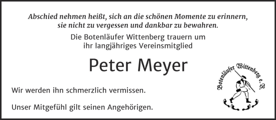Traueranzeige von Peter Meyer von Super Sonntag Wittenberg