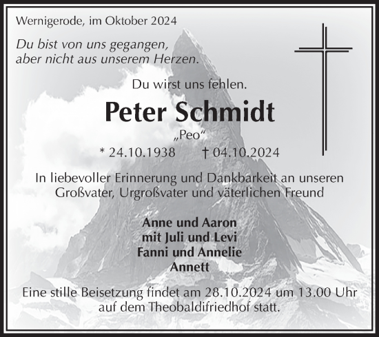 Traueranzeige von Peter Schmidt von Volksstimme Wernigerode