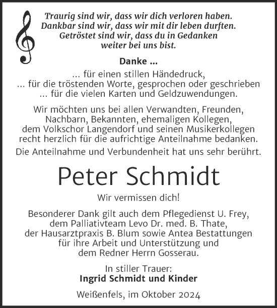 Traueranzeige von Peter Schmidt von Trauerkombi Weißenfels