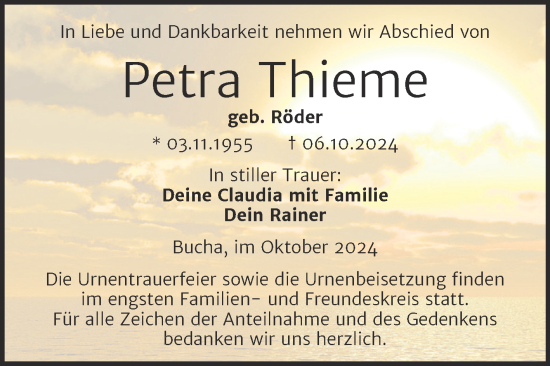 Traueranzeige von Petra Thieme von Super Sonntag Naumburg/Nebra
