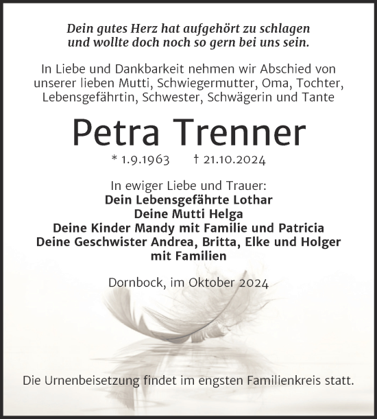 Traueranzeige von Petra Trenner von Trauerkombi Köthen