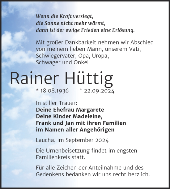 Traueranzeige von Rainer Hüttig von Super Sonntag Naumburg/Nebra