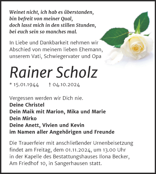 Traueranzeige von Rainer Scholz von Trauerkombi Sangerhausen