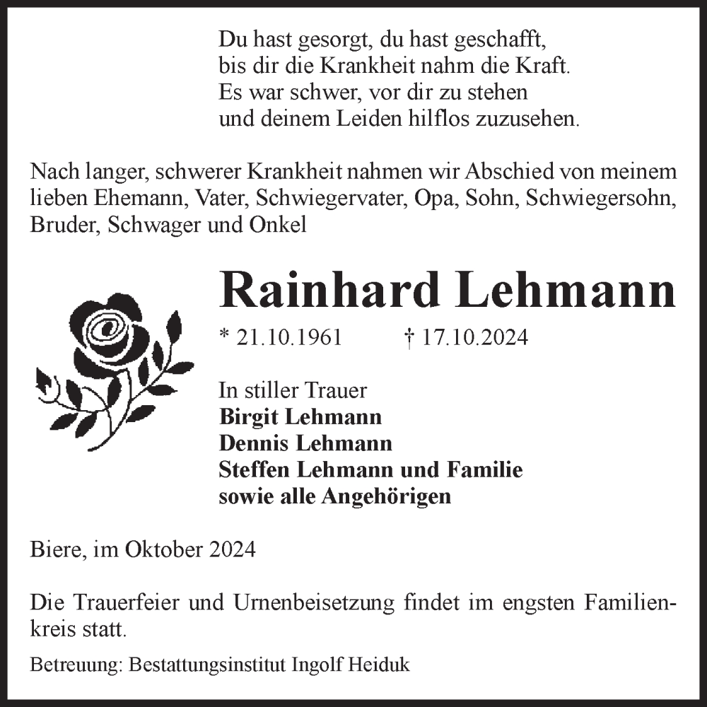  Traueranzeige für Rainhard Lehmann vom 26.10.2024 aus Volksstimme Schönebeck