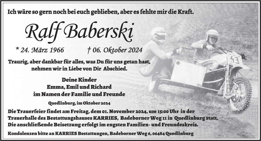  Traueranzeige für Ralf Baberski vom 19.10.2024 aus Trauerkombi Quedlinburg