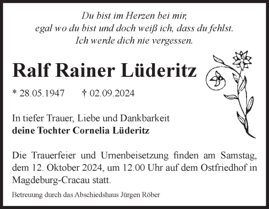 Traueranzeige von Ralf Rainer Lüderitz von Volksstimme Burg/Genthin