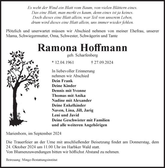 Traueranzeige von Ramona Hoffmann von Volksstimme Oschersleben/Wanzleben