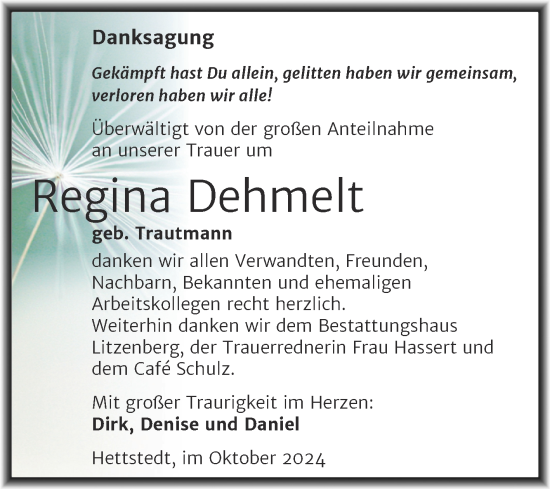 Traueranzeige von Regina Dehmelt von Trauerkombi Mansfelder Land