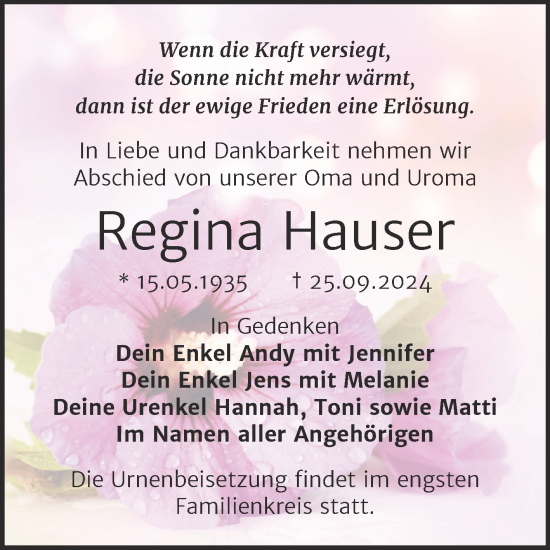 Traueranzeige von Regina Hauser von Trauerkombi Bitterfeld