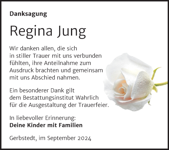 Traueranzeige von Regina Jung von Trauerkombi Mansfelder Land