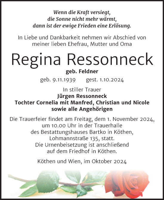 Traueranzeige von Regina Ressonneck von Trauerkombi Köthen