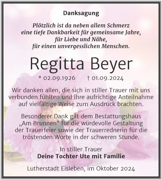 Traueranzeige von Regitta Beyer von Trauerkombi Mansfelder Land