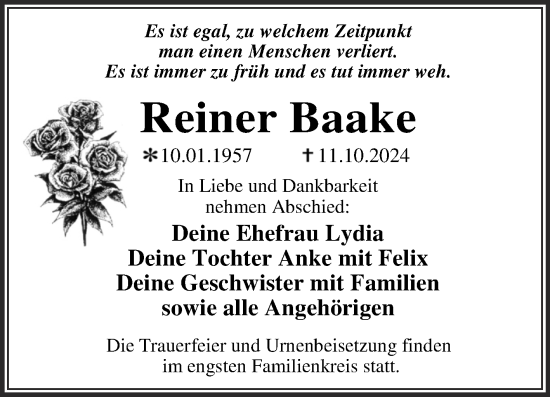 Traueranzeige von Reiner Baake von Trauerkombi Dessau