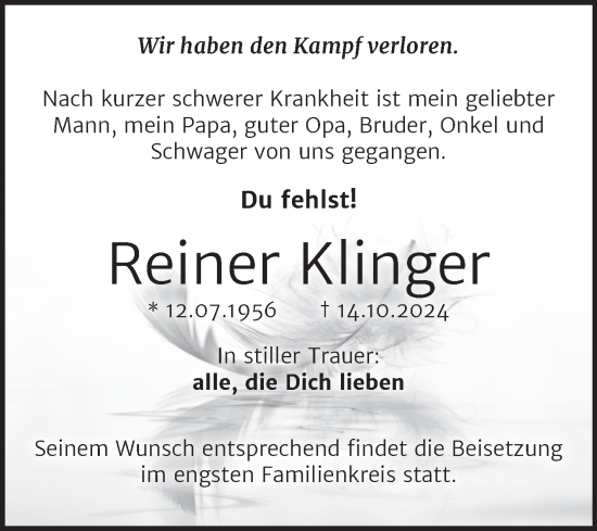 Traueranzeige von Reiner Klinger von Trauerkombi Mansfelder Land