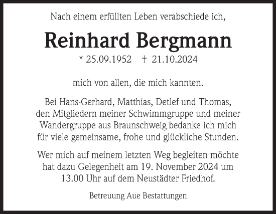 Traueranzeige von Reinhard Bergmann von Volksstimme Magdeburg