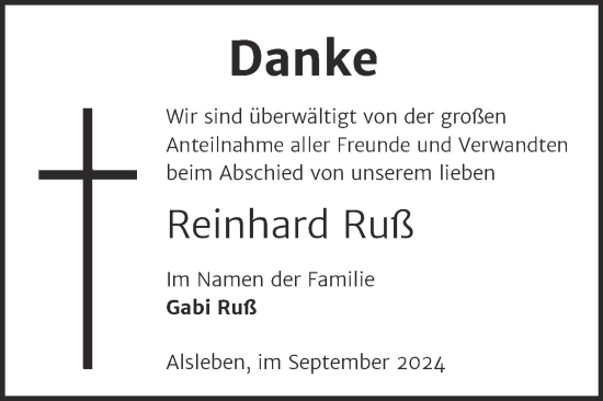 Traueranzeige von Reinhard Ruß von Trauerkombi Bernburg