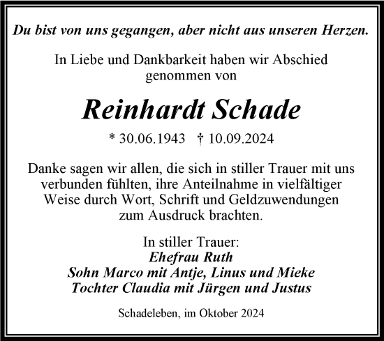 Traueranzeige von Reinhardt Schade von Trauerkombi Aschersleben