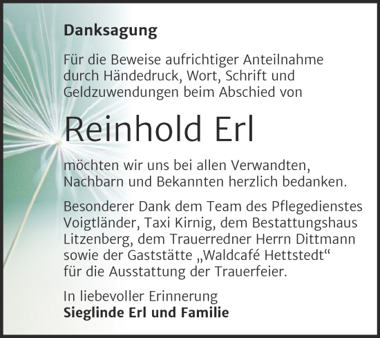 Traueranzeige von Reinhold Erl von Trauerkombi Mansfelder Land