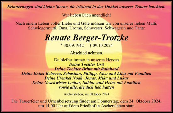 Traueranzeige von Renate Berger-Trotzke von Trauerkombi Aschersleben