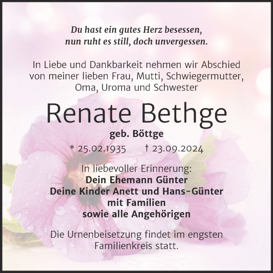 Traueranzeige von Renate Bethge von Trauerkombi Mansfelder Land