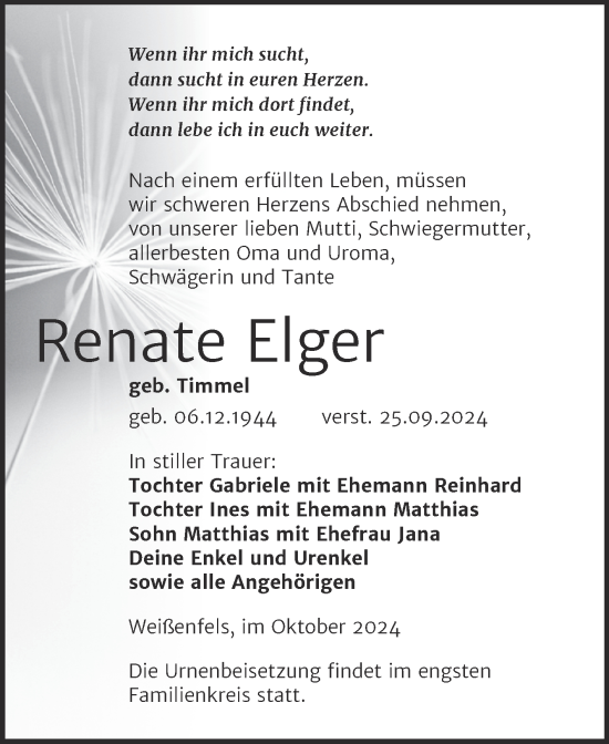Traueranzeige von Renate Elger von Trauerkombi Weißenfels