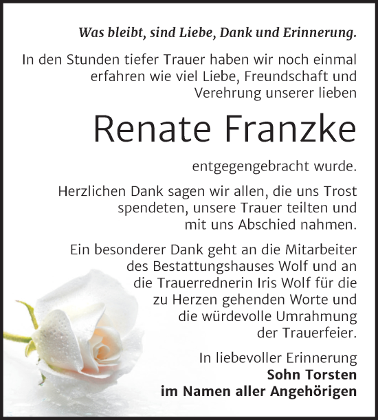 Traueranzeige von Renate Franzke von Trauerkombi Weißenfels
