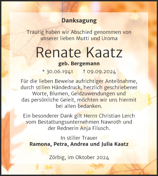 Traueranzeige von Renate Kaatz von Trauerkombi Bitterfeld