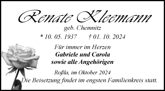 Traueranzeige von Renate Kleemann von Trauerkombi Sangerhausen