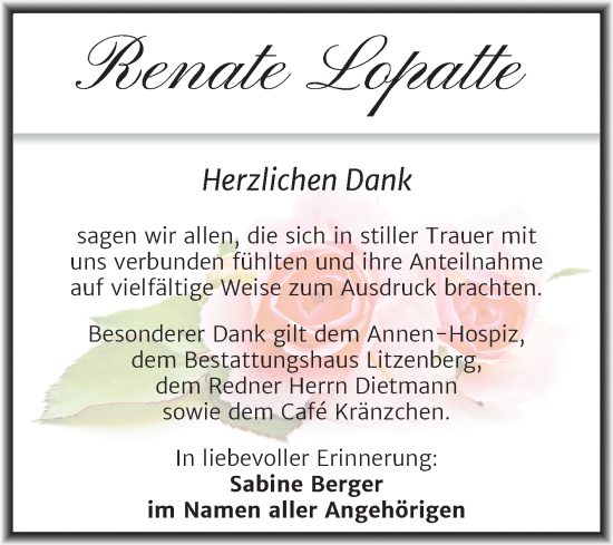Traueranzeige von Renate Lopatte von Trauerkombi Mansfelder Land