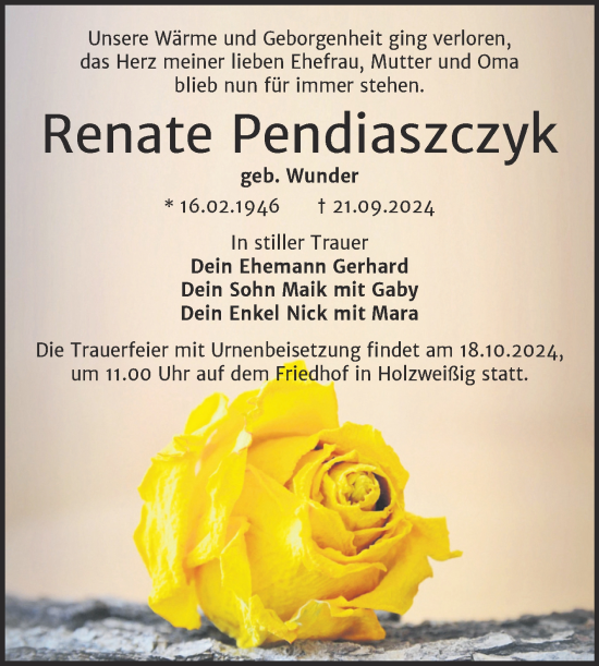 Traueranzeige von Renate Pendiaszczyk von Trauerkombi Bitterfeld